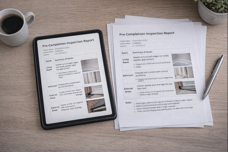 Pre-completion inspection report showing snagging issues and photos