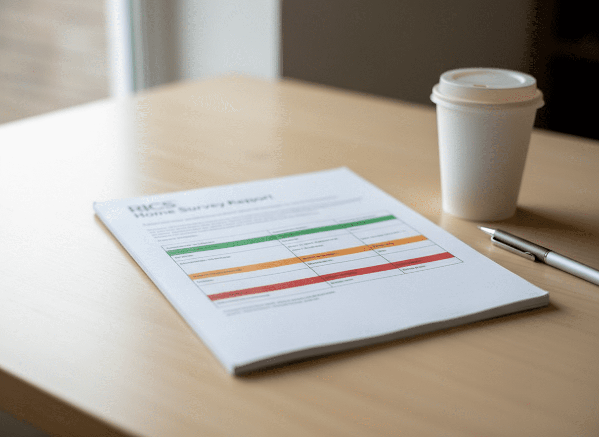 Close-up of a RICS building survey report open on a desk