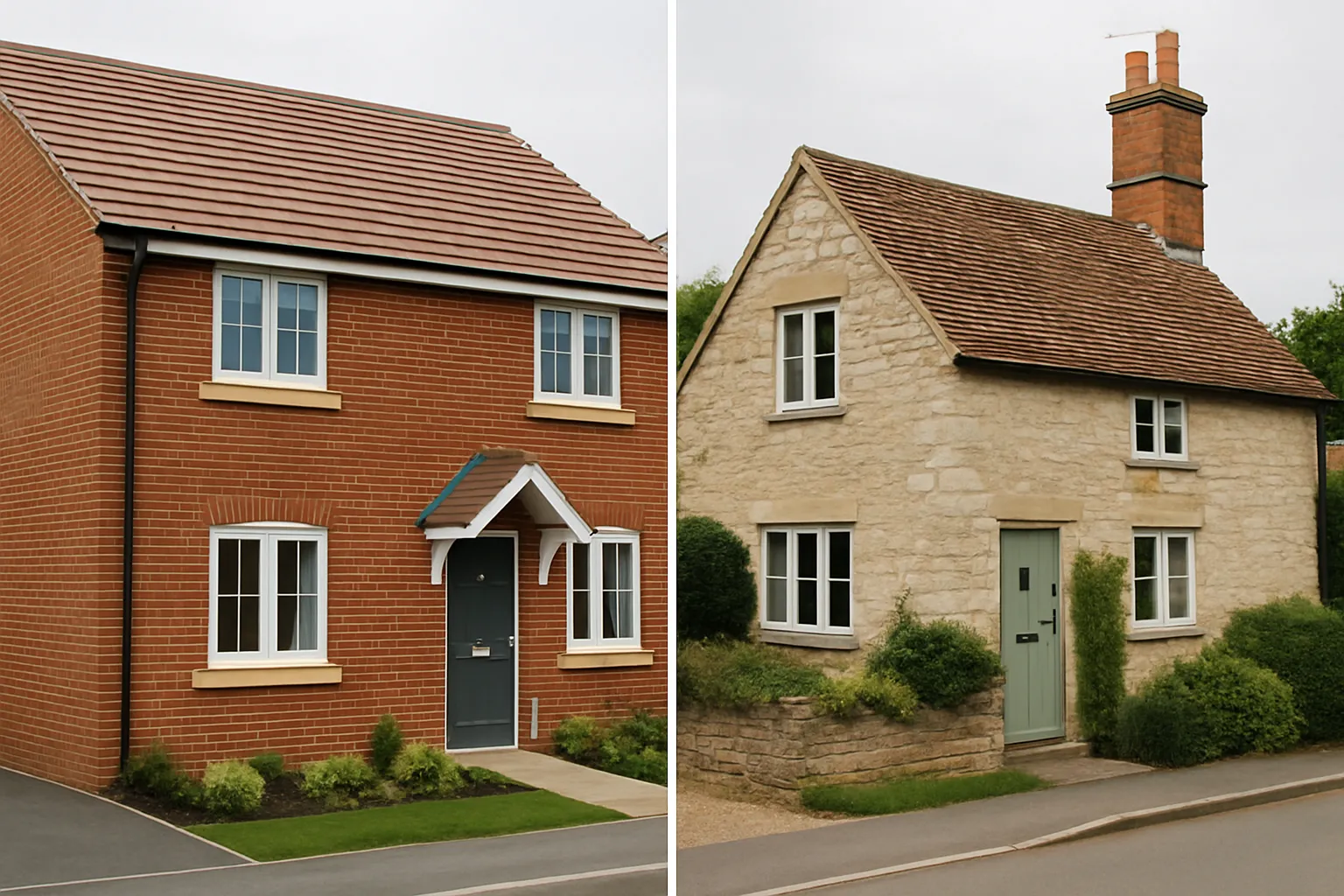 Side-by-side view of a modern red brick home and an older stone-built cottage – ideal for comparing Level 2 vs Level 3 home surveys.