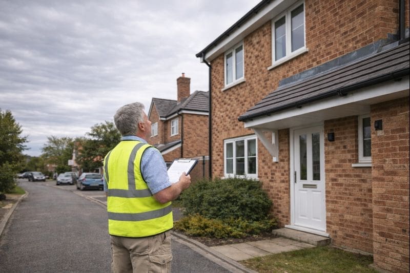 RICS surveyor inspecting the exterior of a modern UK house from ground level