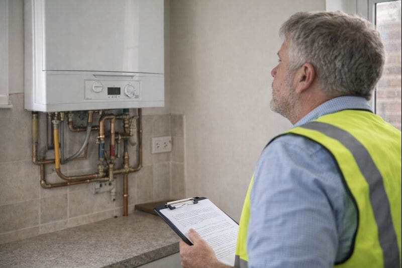 Surveyor visually inspecting a boiler and exposed pipework in a UK home