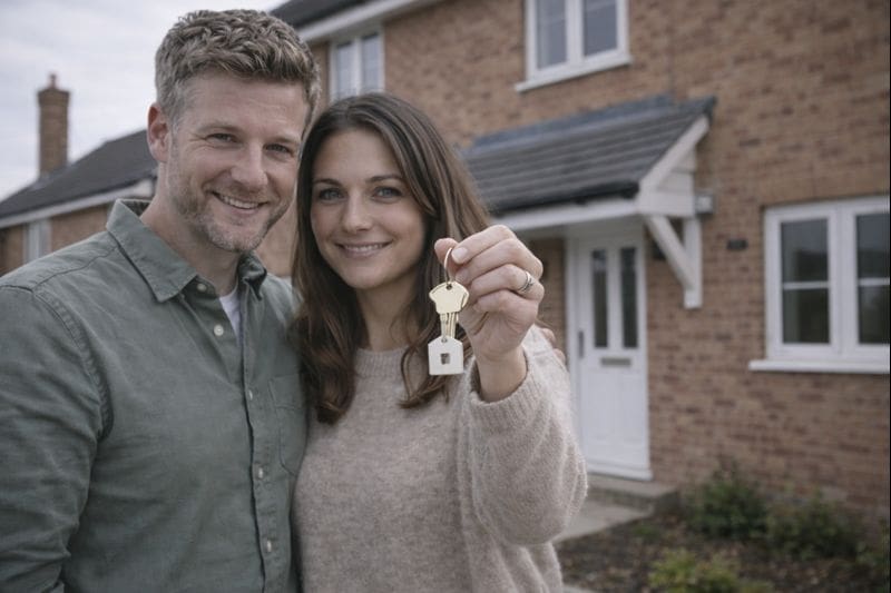 New build buyers collecting keys after completion