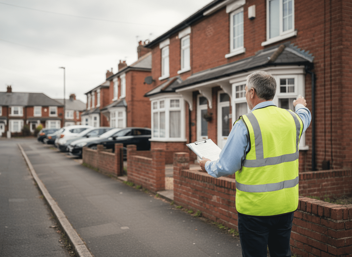Surveyor outside home during external inspection RICS surveyor standing outside a UK home during an external inspection