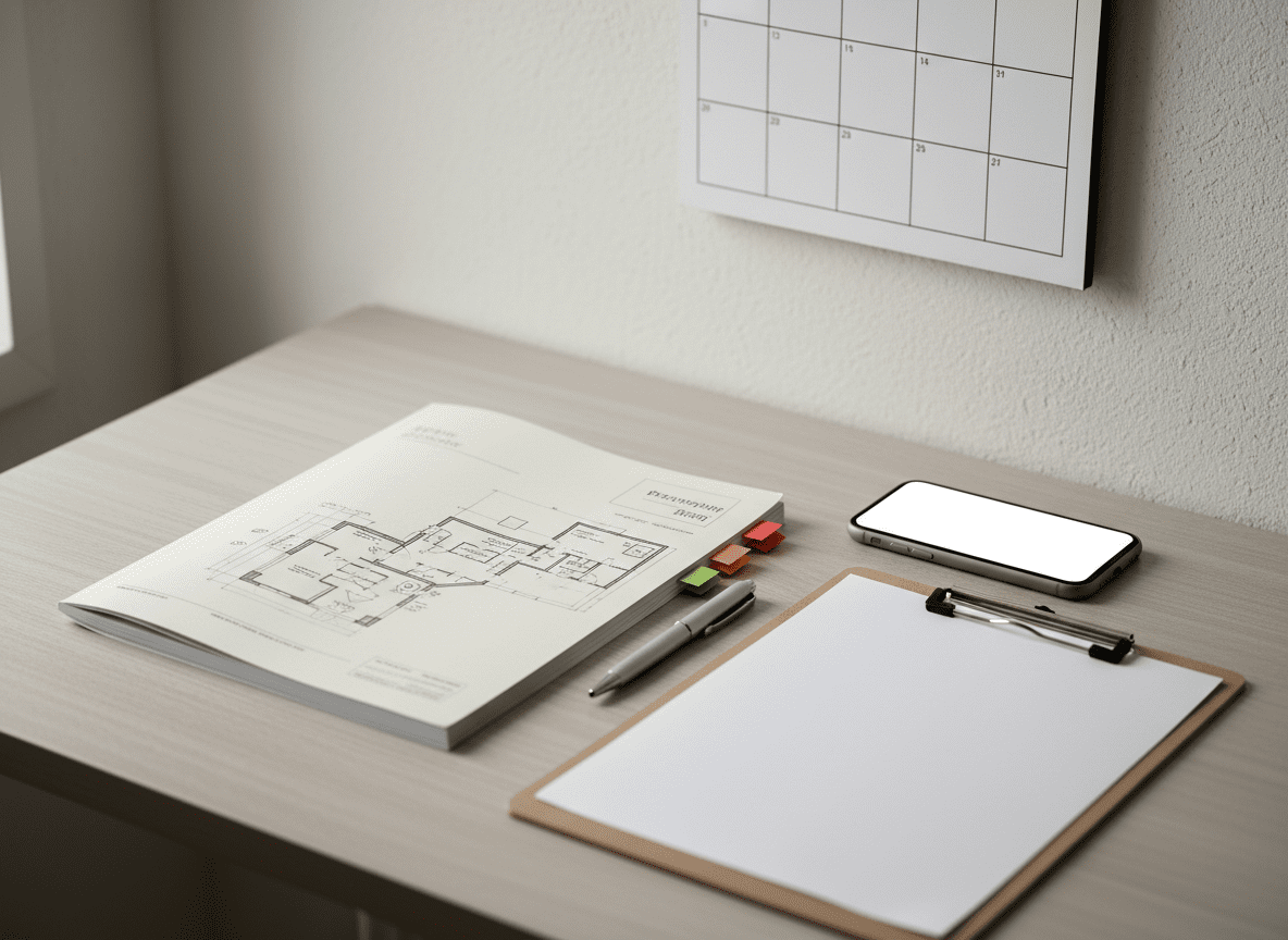 Plans on table for survey preparation Property plans and paperwork laid out on a table ready for survey booking