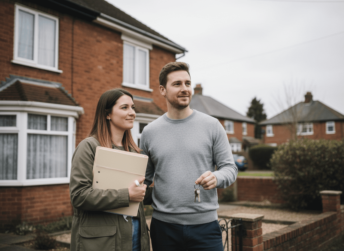 Couple reviewing survey documents and keys Home buyers reviewing survey documents with keys and paperwork