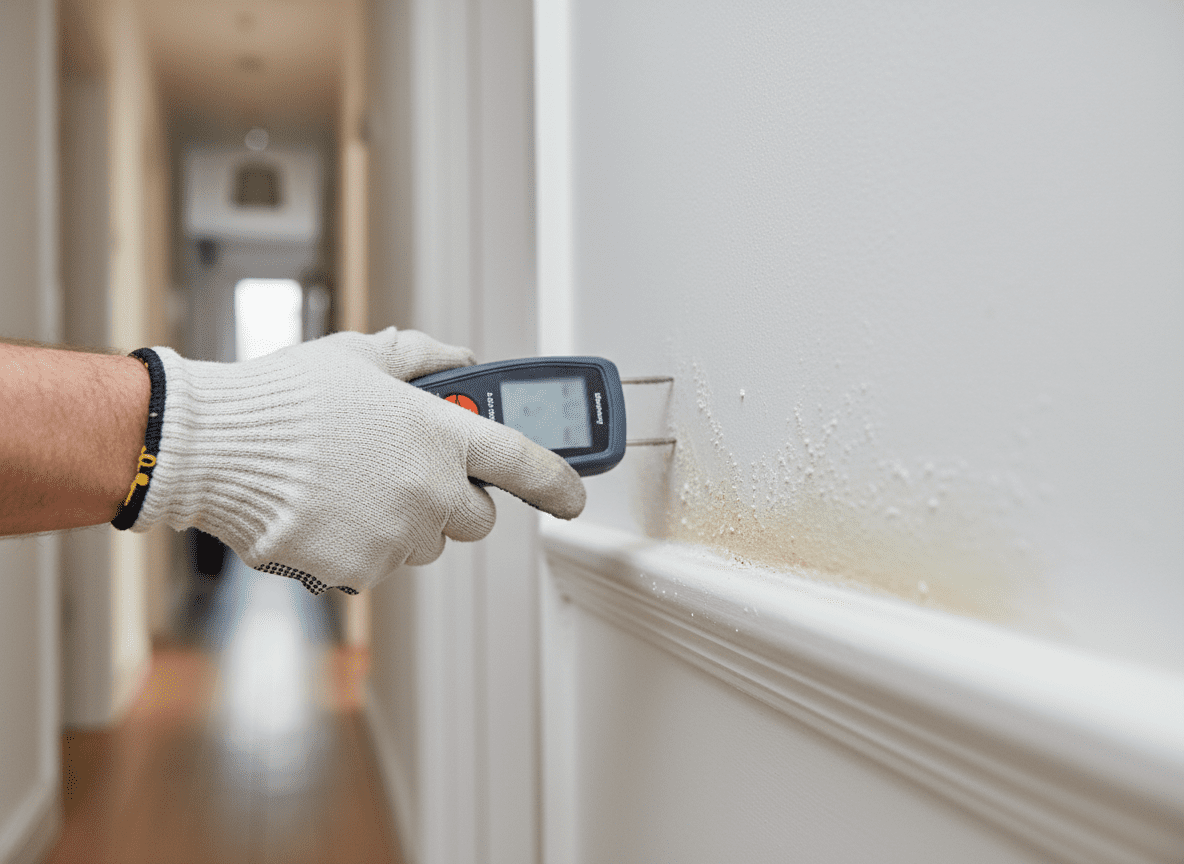 Damp meter probe pressed against an interior wall to measure moisture levels