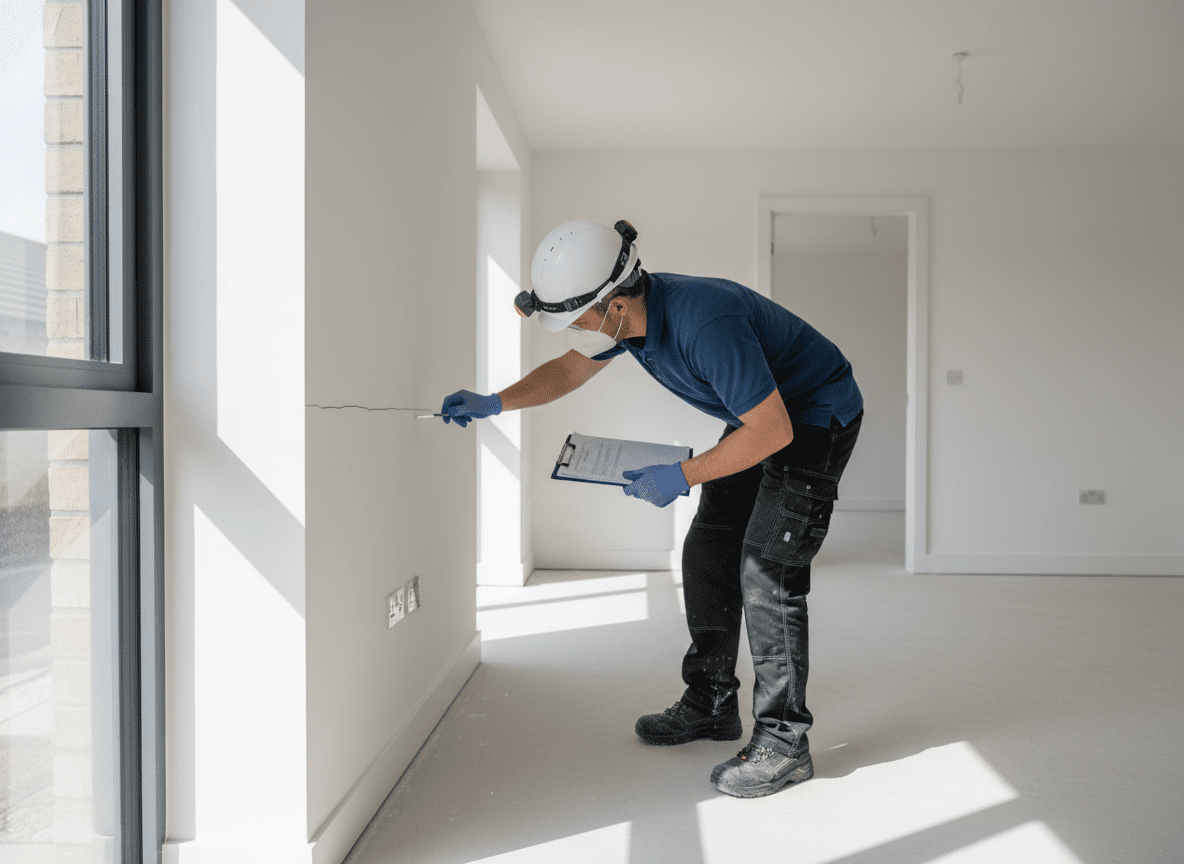 Home inspector closely examining a crack in an interior wall during a survey