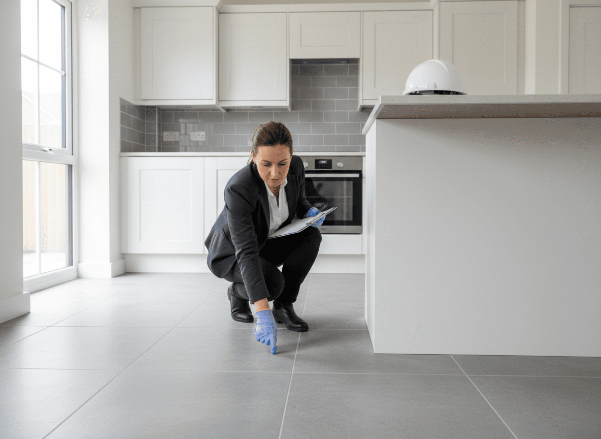 Surveyor kneeling to inspect a kitchen floor during a property survey