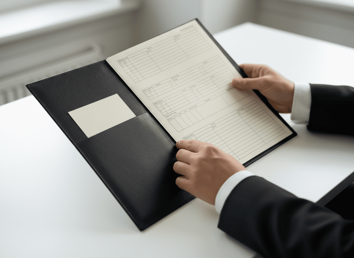 Surveyor holding a property survey report folder after a home inspection