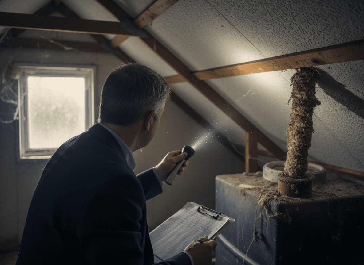 Loft space showing artex ceiling and old pipe lagging during survey inspection